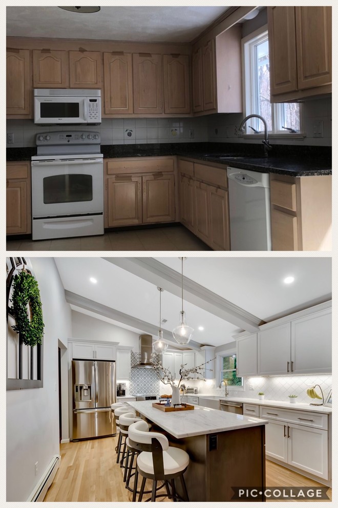 Inspiration for a transitional light wood floor eat-in kitchen remodel in Boston with an island