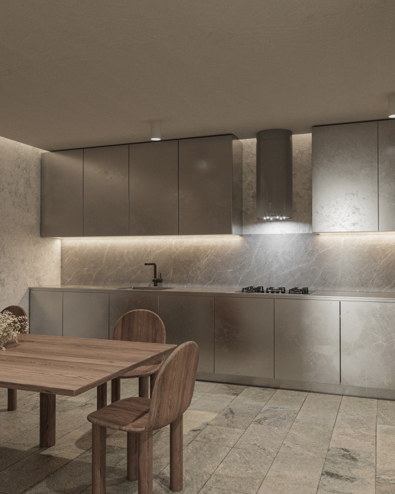 Inspiration for a small modern single-wall eat-in kitchen in Miami with an integrated sink, flat-panel cabinets, stainless steel cabinets, quartz benchtops, grey splashback, stone slab splashback, stainless steel appliances, limestone floors, no island, beige floor and grey benchtop.