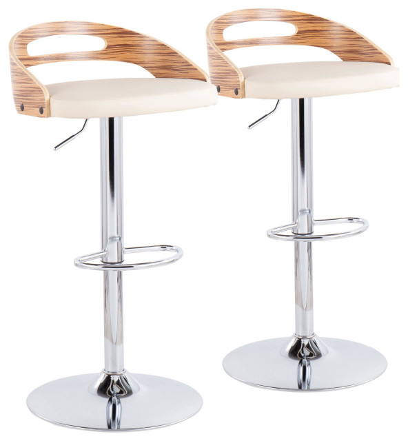 Cassis Adjustable Barstool, Set of 2, Chrome, Zebra Wood, Cream PU