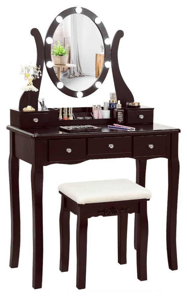 Contemporary Vanity Set, 5 Spacious Drawers With 10 Bulb Lighted Mirror