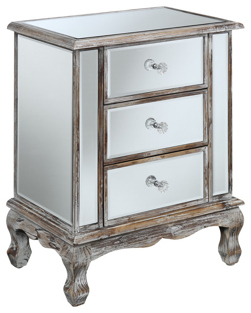 Dunloom 3 Drawer Mirrored End Table Traditional Side Tables And Camilla Mirrored Nightstand Distressed White