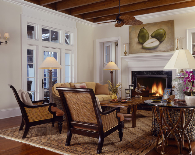 Traditional Living Room With British Colonial Flair