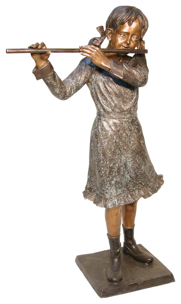 Girl Playing Flute Bronze Sculpture Traditional Decorative Objects