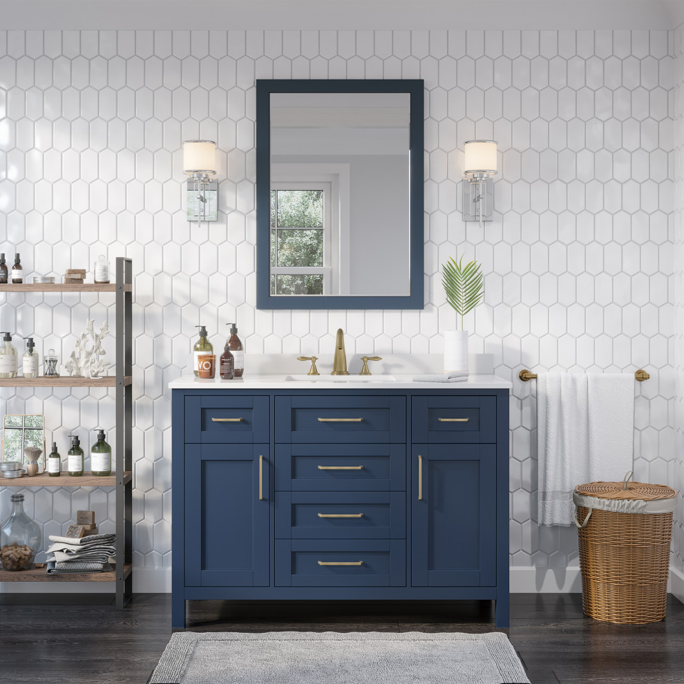 OVE Decors Tahoe 48" Midnight Blue Single Sink Vanity With Marble Top