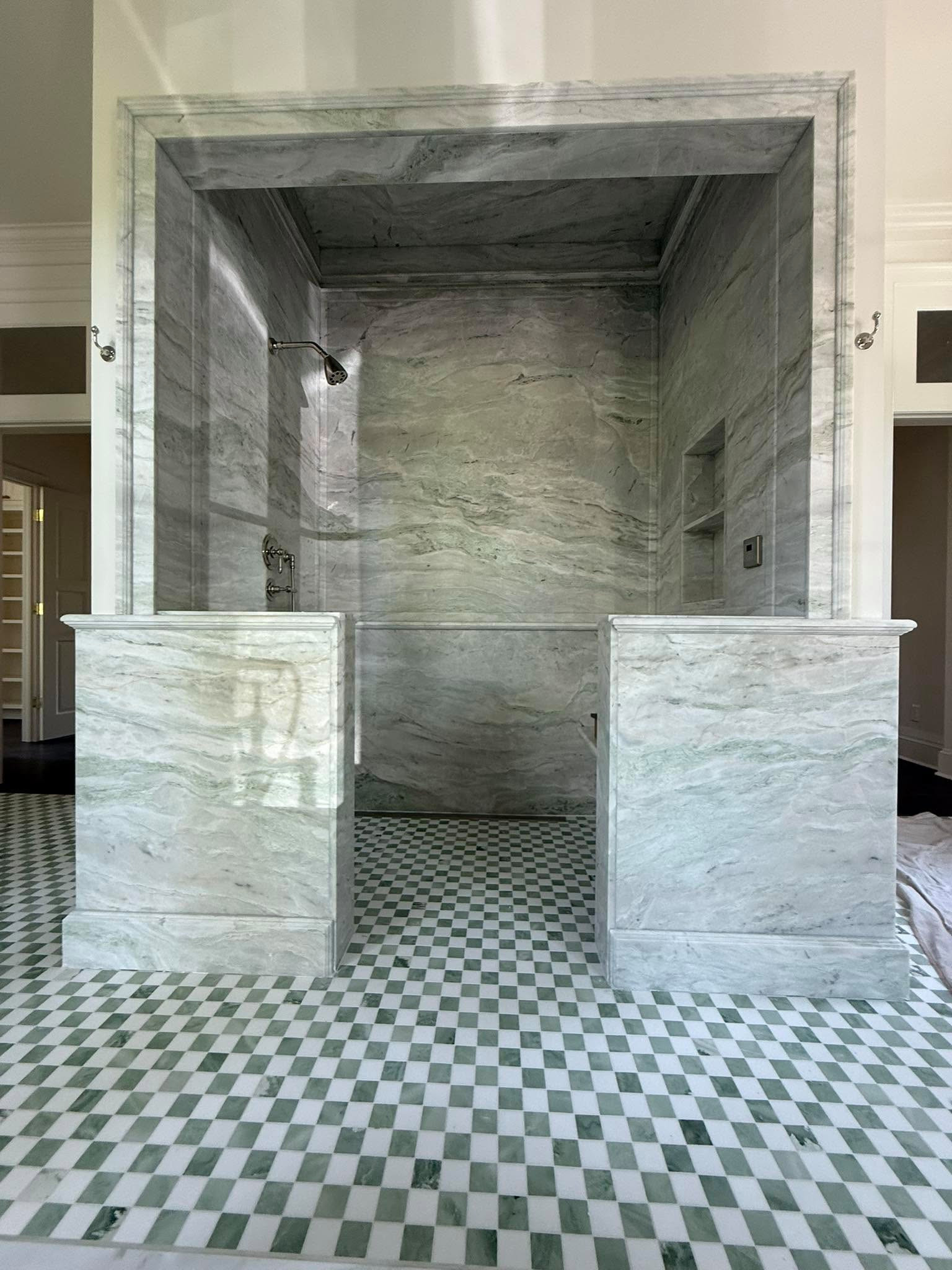 Alba Chiara Vein Matched Marble Framed panels Chair rail crown molding and base board