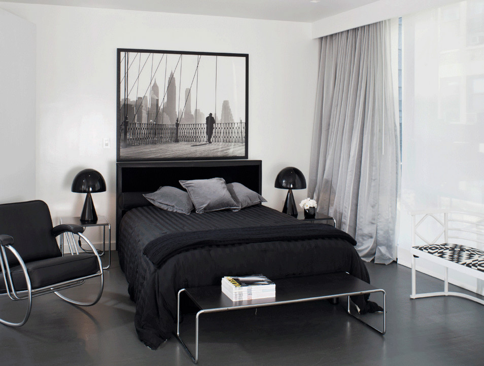 Design ideas for an expansive modern guest bedroom in Other with grey walls and linoleum floors.