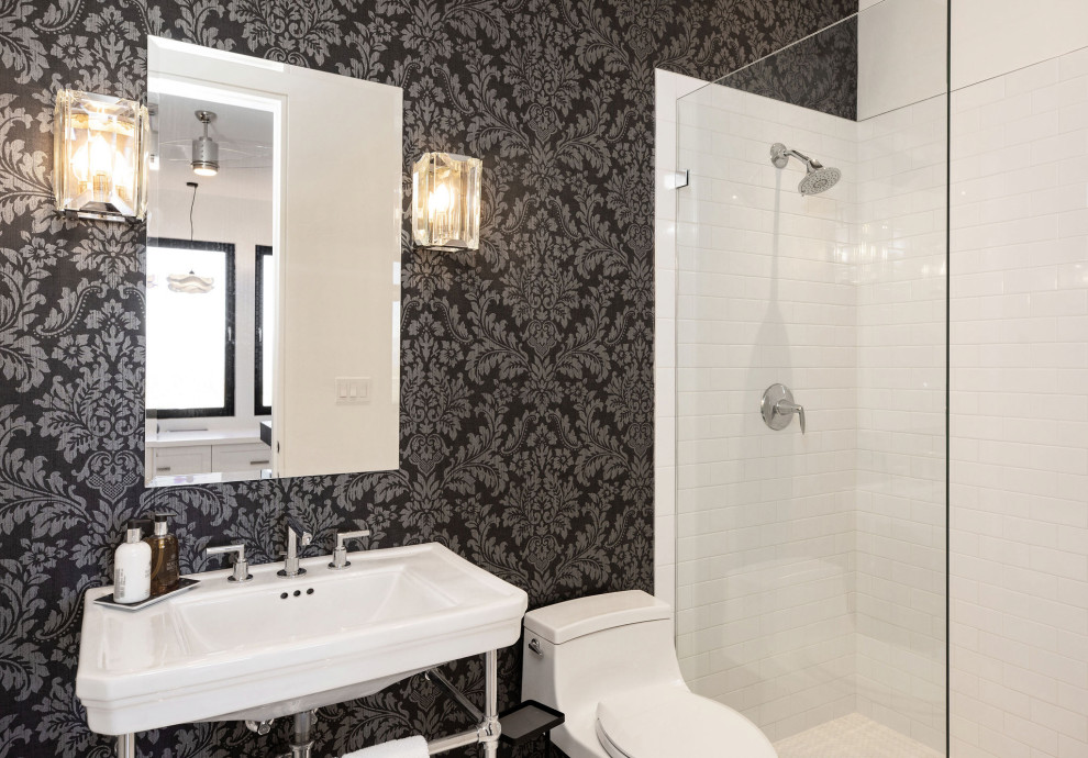 Mid-sized trendy 3/4 white tile and ceramic tile ceramic tile, white floor, single-sink and wallpaper alcove shower photo in Denver with a one-piece toilet, an integrated sink, white countertops, a built-in vanity and white walls