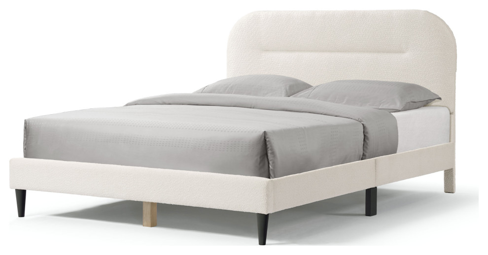 Miles White Boucle Upholstered Wood Frame Platform Bed, Queen