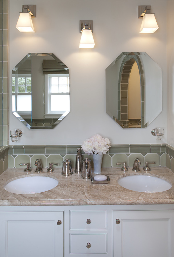 Inspiration for a traditional bathroom in San Francisco with white cabinets and recessed-panel cabinets.