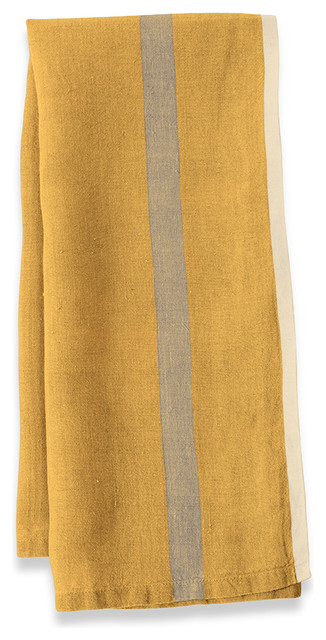 Khadhi Laundered Linen Tea Towels Mustard and Gray Stripe, Set of 2