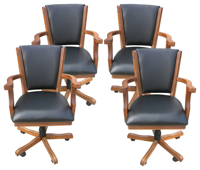 Set of 4 Office Chair, Hardwood Frame With Black Faux Leather Seat & Padded Back Traditional