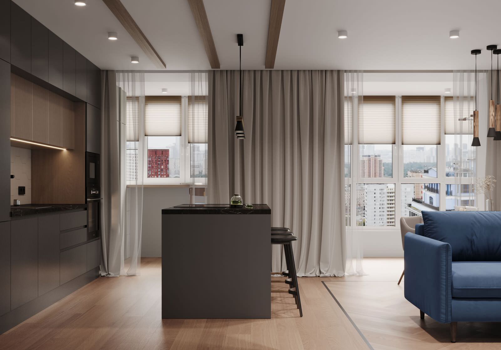 Современный интерьер с яркими акцентами и геометрическими формами