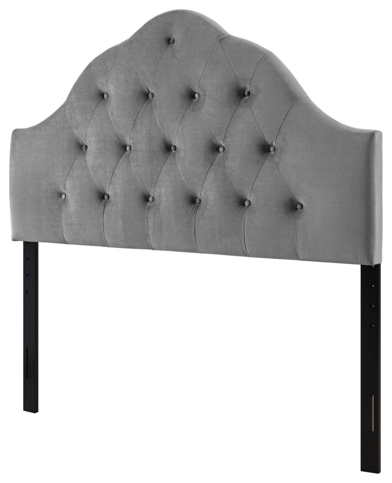 Contemporary Modern Queen Size Tufted Headboard, Velvet Fabric, Grey