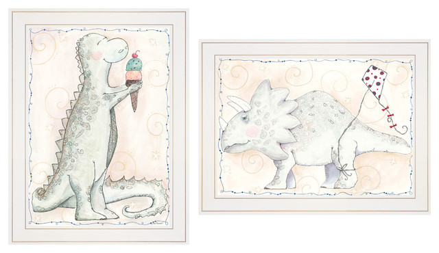 "Whimsical Dinosaurs" 2-Piece Vignette by Mia Russell, White Frame