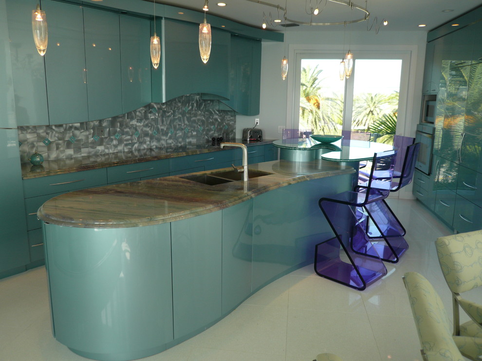 Photo of a contemporary kitchen in Chicago with a double-bowl sink, flat-panel cabinets, turquoise cabinets, metallic splashback and metal splashback.