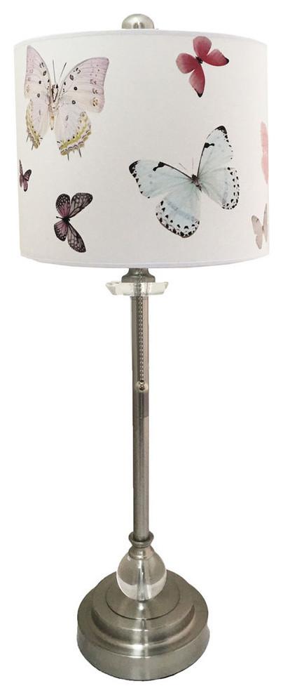 28" Crystal Buffet Lamp With Colorful Butterfly Shade, Brushed Nickel, Single