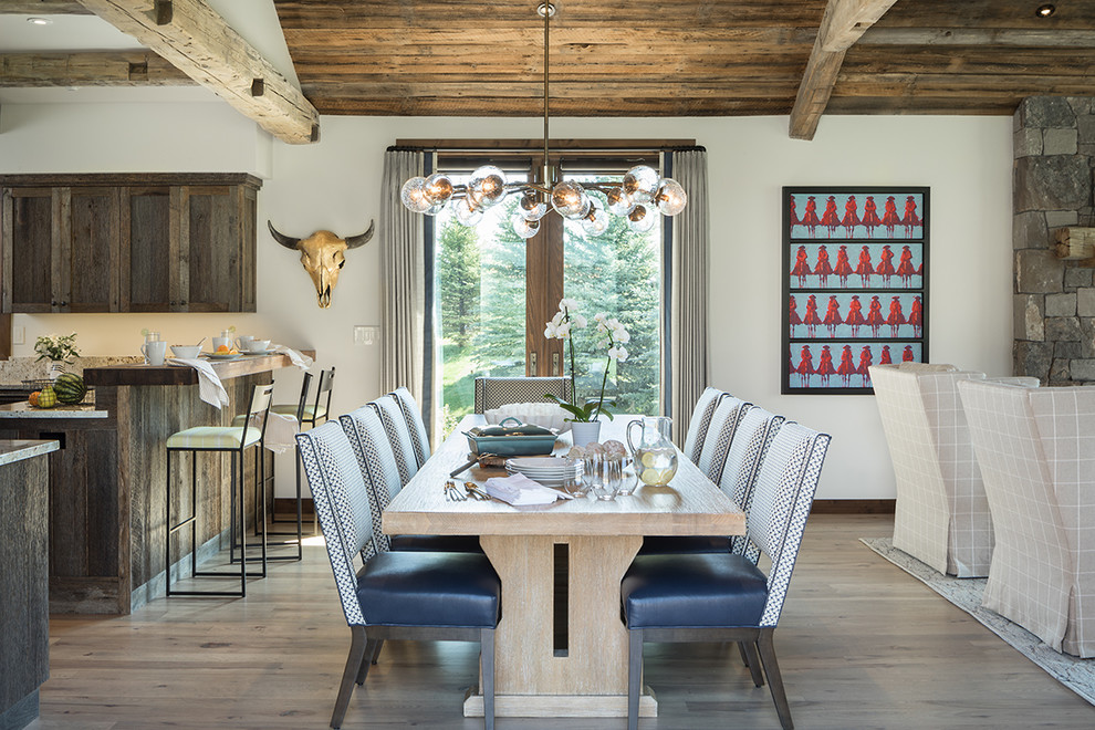 Inspiration for a country open plan dining in Other with white walls, light hardwood floors and beige floor.