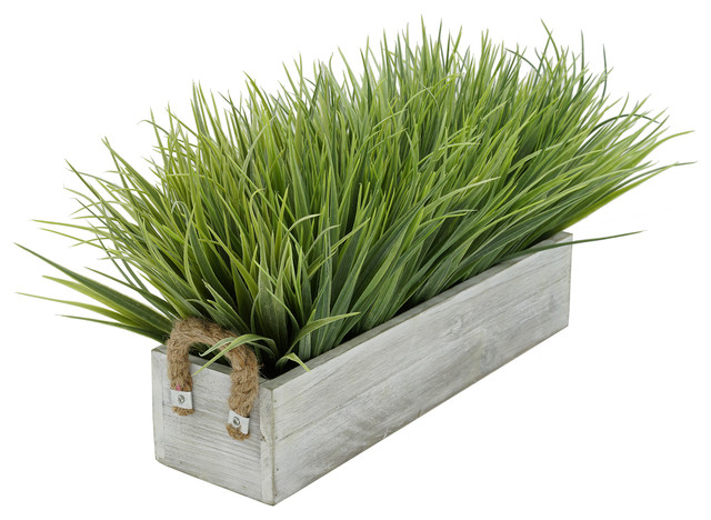 Artificial Frosted Farm Grass in 15" Grey-Washed Wood Trough with Rope Handles