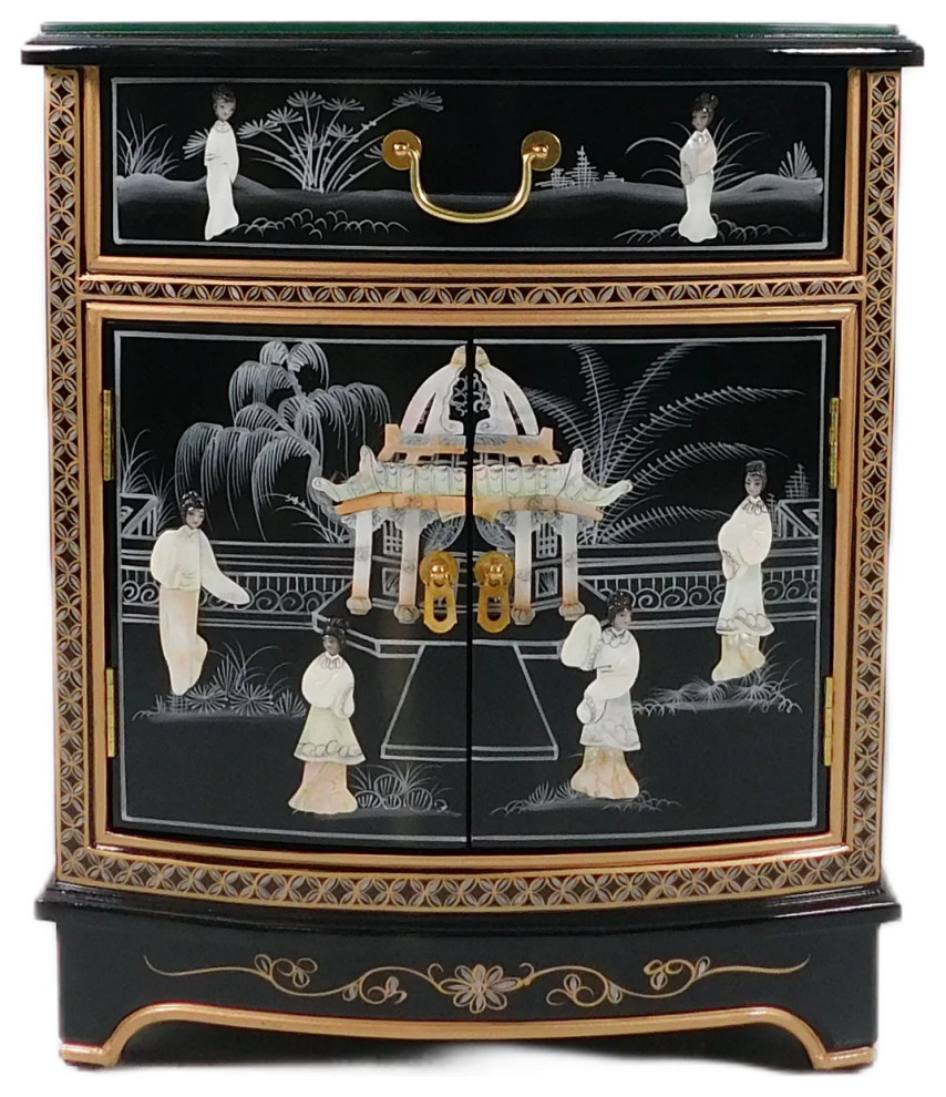 20" Oriental End Table, Black Lacquer Asian Accent Chests And