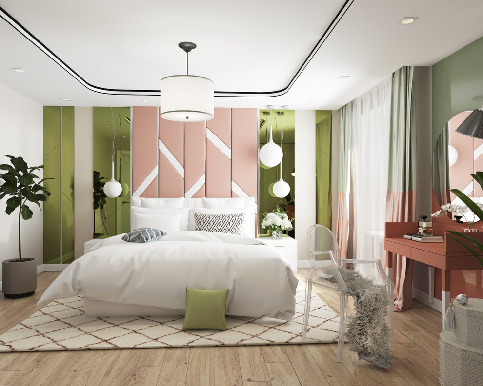 Сочетание кораллового и зеленого в спальне