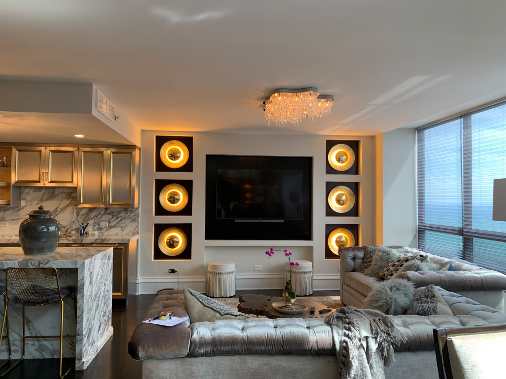 Sleek Ebony Floor RitzCarlton Remodel Transitional Living Room