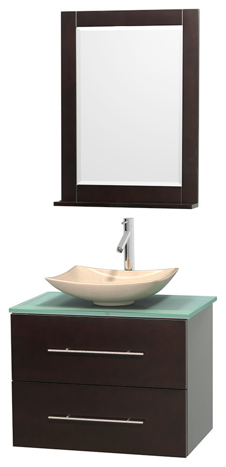 Centra 30" Espresso Single Vanity, Green Glass Top, Arista Ivory Marble Sink