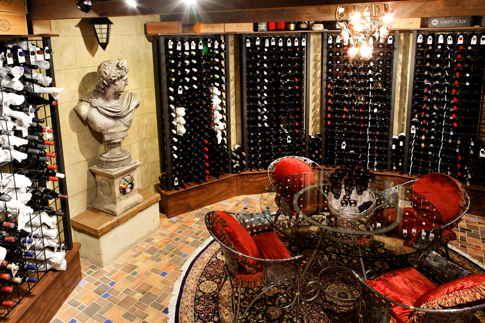 Design ideas for a mid-sized modern wine cellar in Sydney with porcelain floors and storage racks.