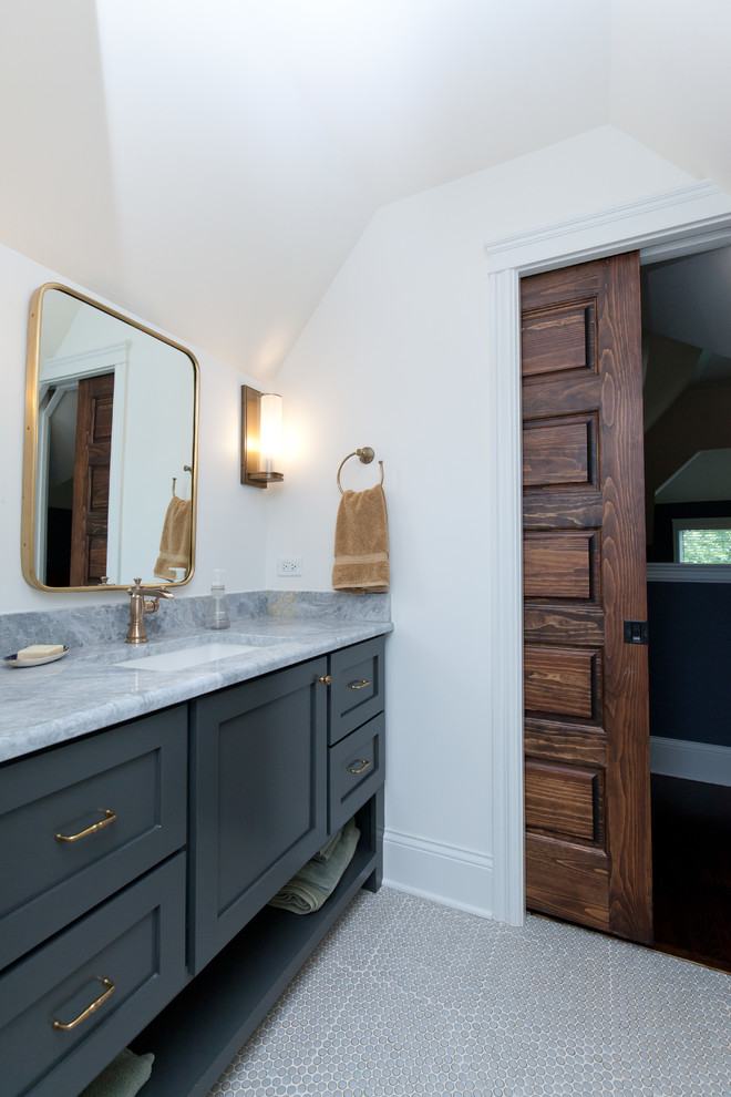 Small country bathroom in Chicago with recessed-panel cabinets, grey cabinets, a two-piece toilet, white walls, ceramic floors, an undermount sink, onyx benchtops, white floor, grey benchtops, a built-in vanity and a single vanity.