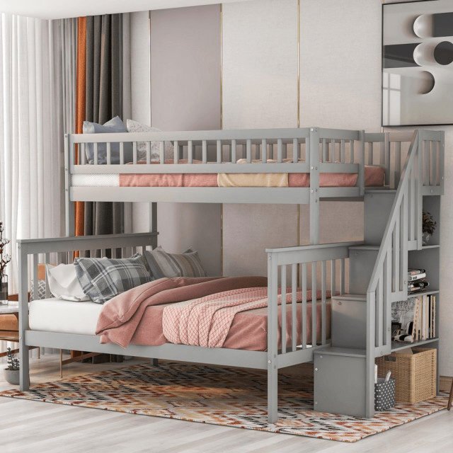 Gray Twin Over Full Farmhouse Style Bunk Bed With Staircase ...
