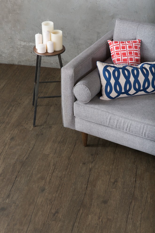 Inspiration for a contemporary living room in San Diego with vinyl floors.