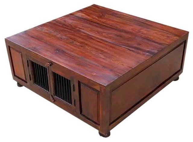 Solid Wood Square Cocktail Trunk Coffee Table With Storage
