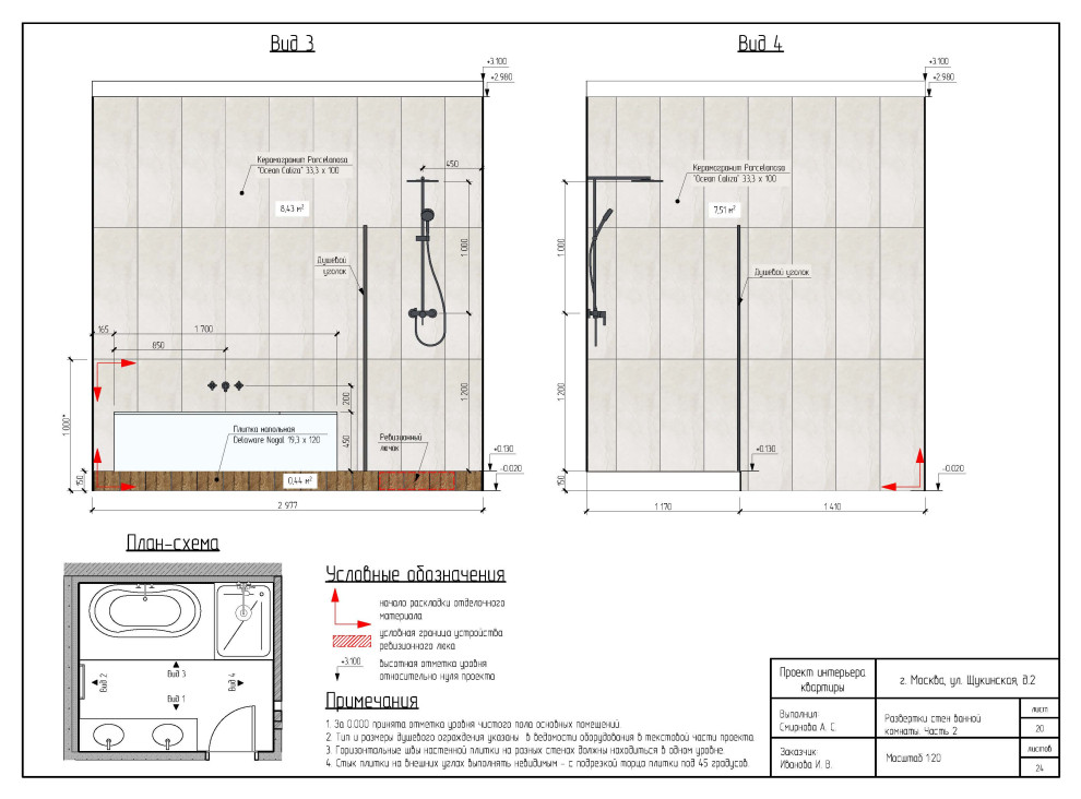 Развертки стен ванной комнаты