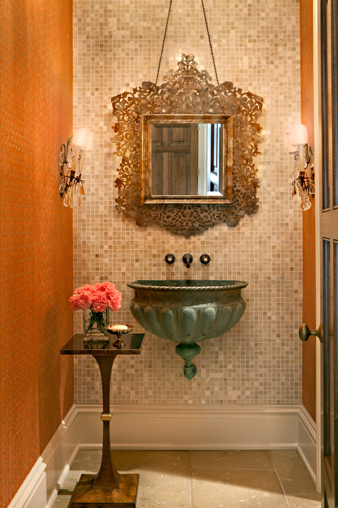 Inspiration for a traditional powder room in Nashville with mosaic tile and a wall-mount sink.
