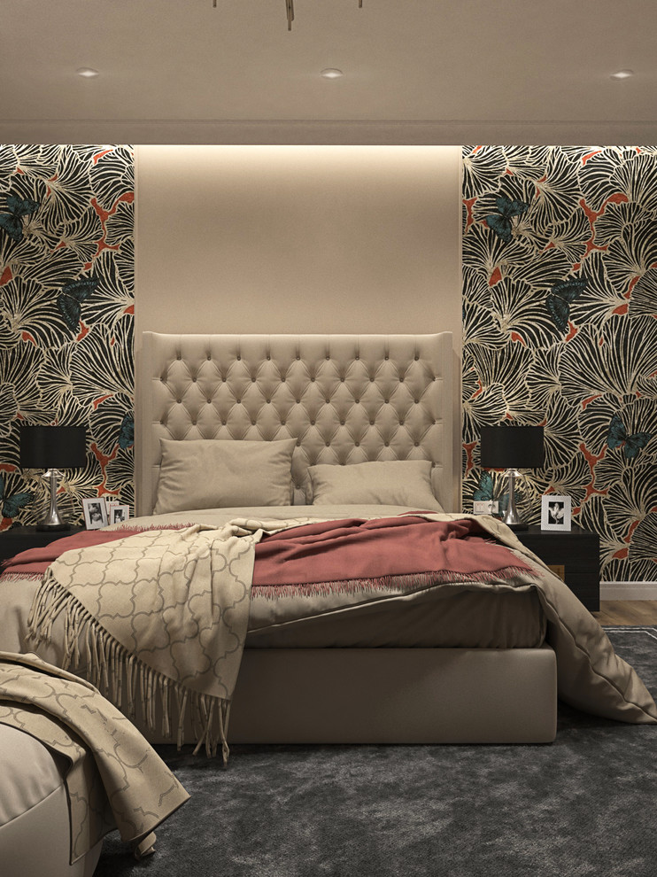 Спальня в бежевых тонах с бабочками