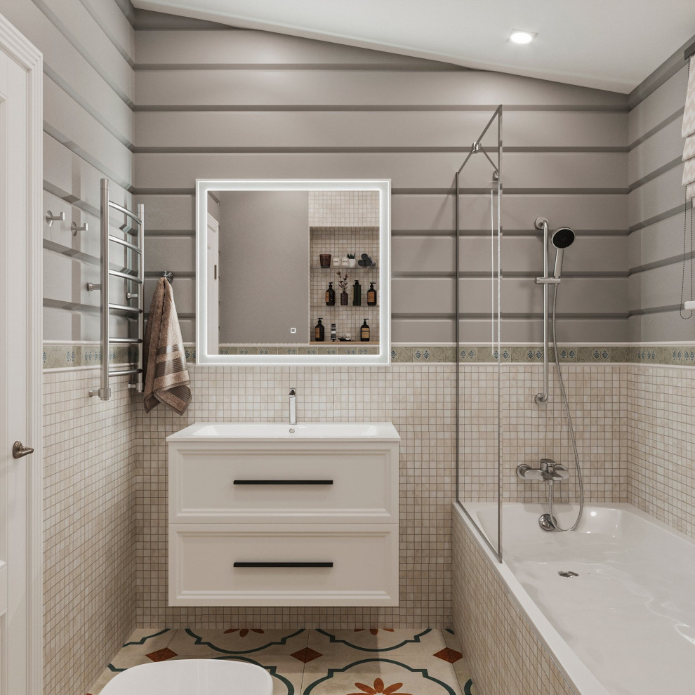 Design ideas for a small traditional ensuite bathroom in London with ceramic tiles, a single sink and a floating vanity unit.
