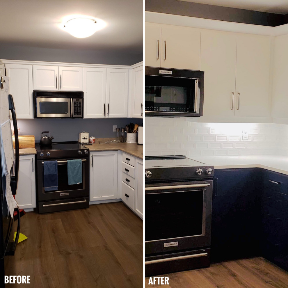 Inspiration for a transitional u-shaped open concept kitchen remodel with an undermount sink, flat-panel cabinets, white cabinets, quartzite countertops, white backsplash, porcelain backsplash, no island and white countertops