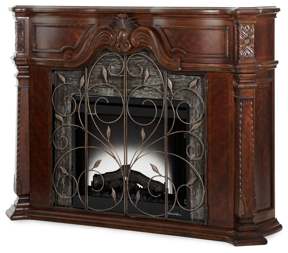 Michael Amini Windsor Court Wood and Marble Fireplace with Electric