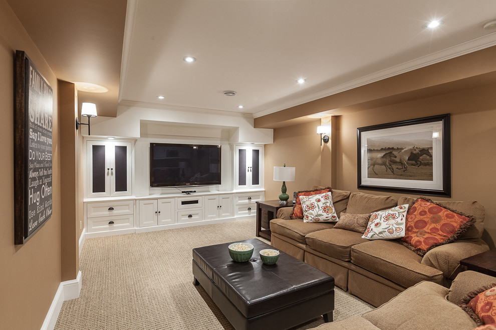 Transitional family room in Other with beige walls, carpet and a built-in media wall.