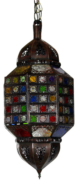 Moroccan Multi-color Hanging Glass Lantern, Multi-Color