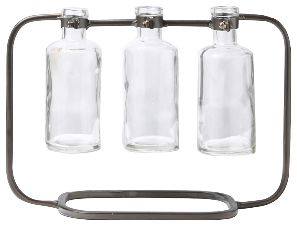Hanging Bud Vase with 3 Short Glass Bottle Vases on Capsular Base