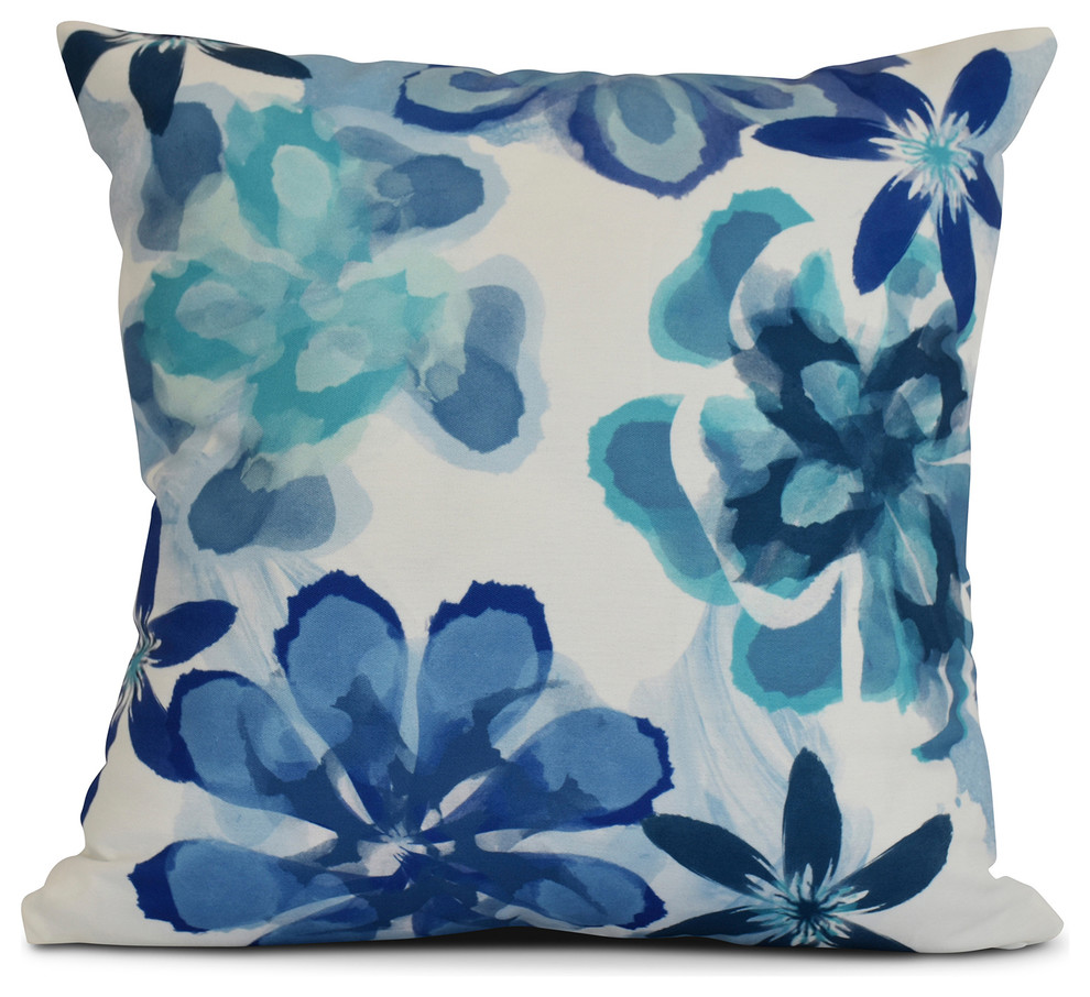 16x16" Floral Outdoor Pillow, Blue, 16"x16" Contemporary Outdoor