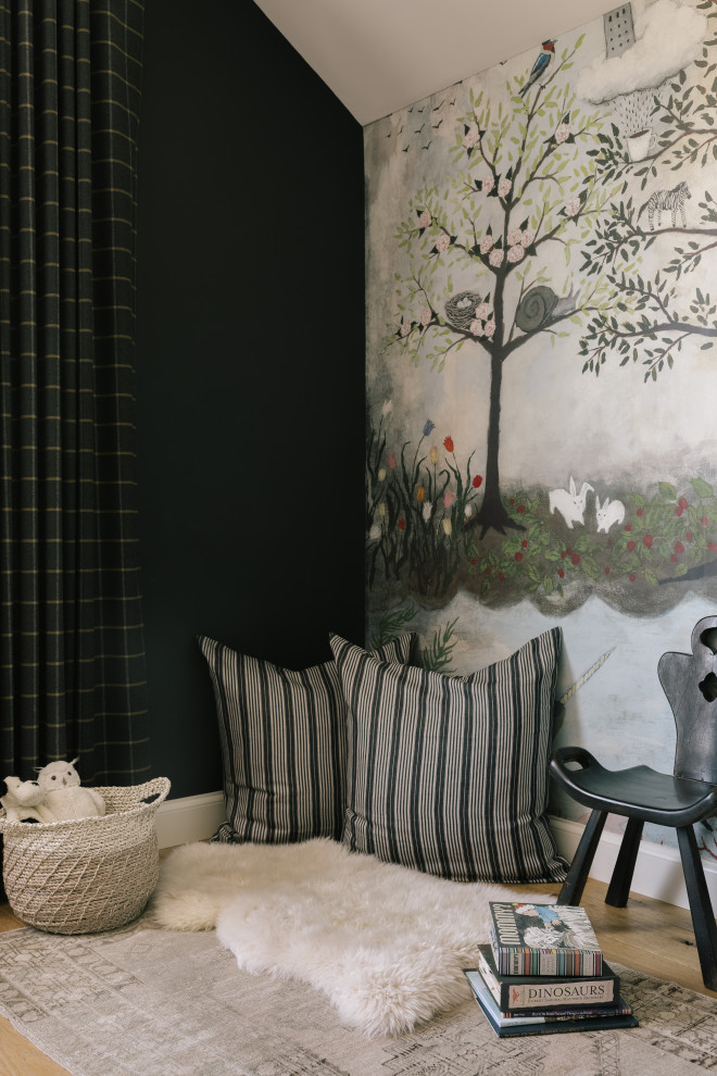 Design ideas for a rural kids' bedroom in San Francisco with black walls.