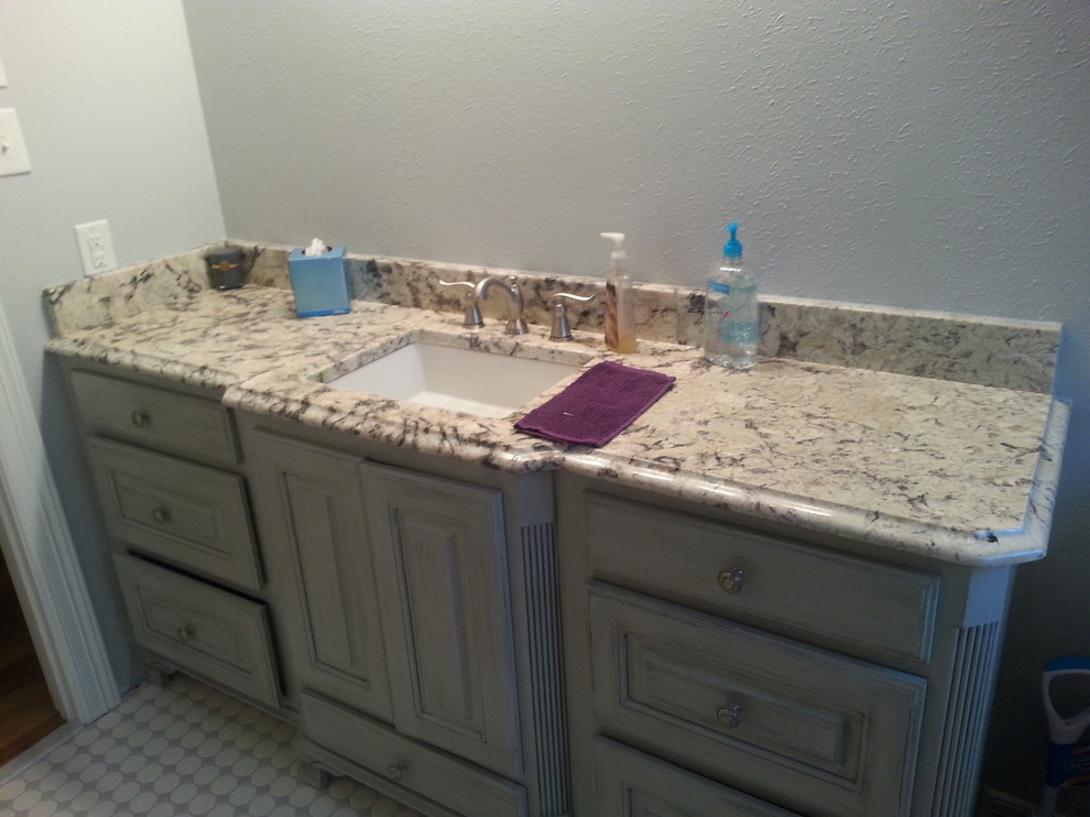 Ice Blue granite vanity with matching granite shower seat custom shower Modern New Orleans