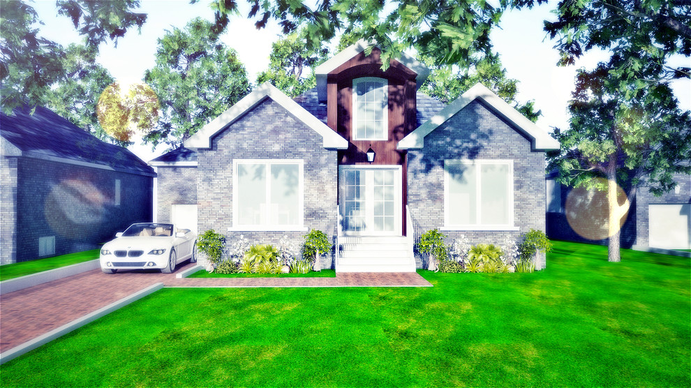Example of a mid-sized transitional two-story brick gray home design design in Toronto