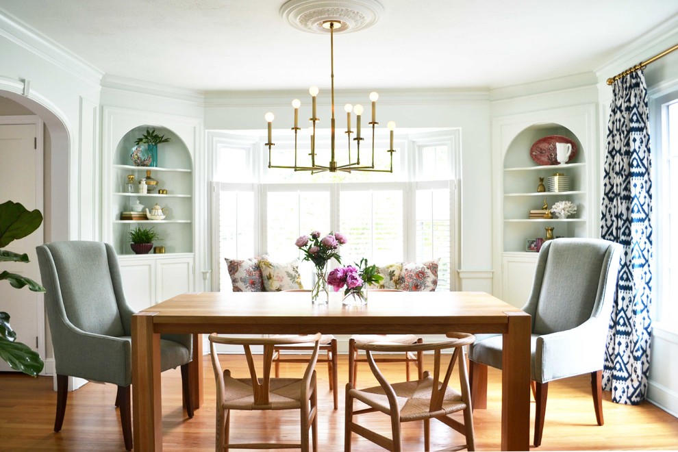 Design ideas for a transitional separate dining room in New York with white walls and medium hardwood floors.