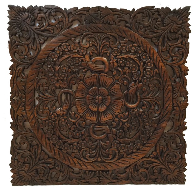 Large Square Oriental Carved Lotus Wood Plaque Rustic Wall Decor Large Square Oriental Carved Lotus Wood Plaque Rustic Wall Decor Dark Brown