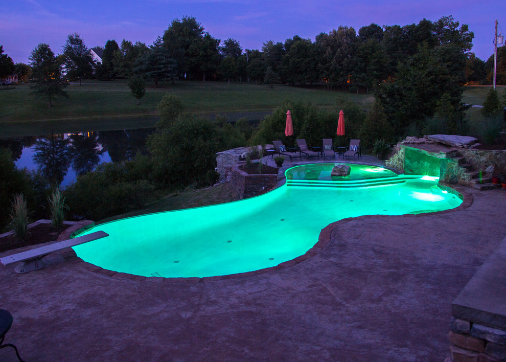 This is an example of a large tropical backyard custom-shaped natural pool in Chicago with a water feature and stamped concrete.