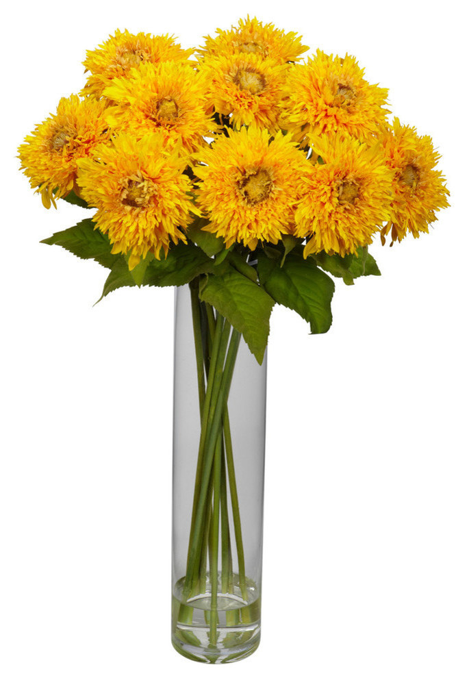 Sunflower With Cylinder Silk Flower Arrangement, Yellow