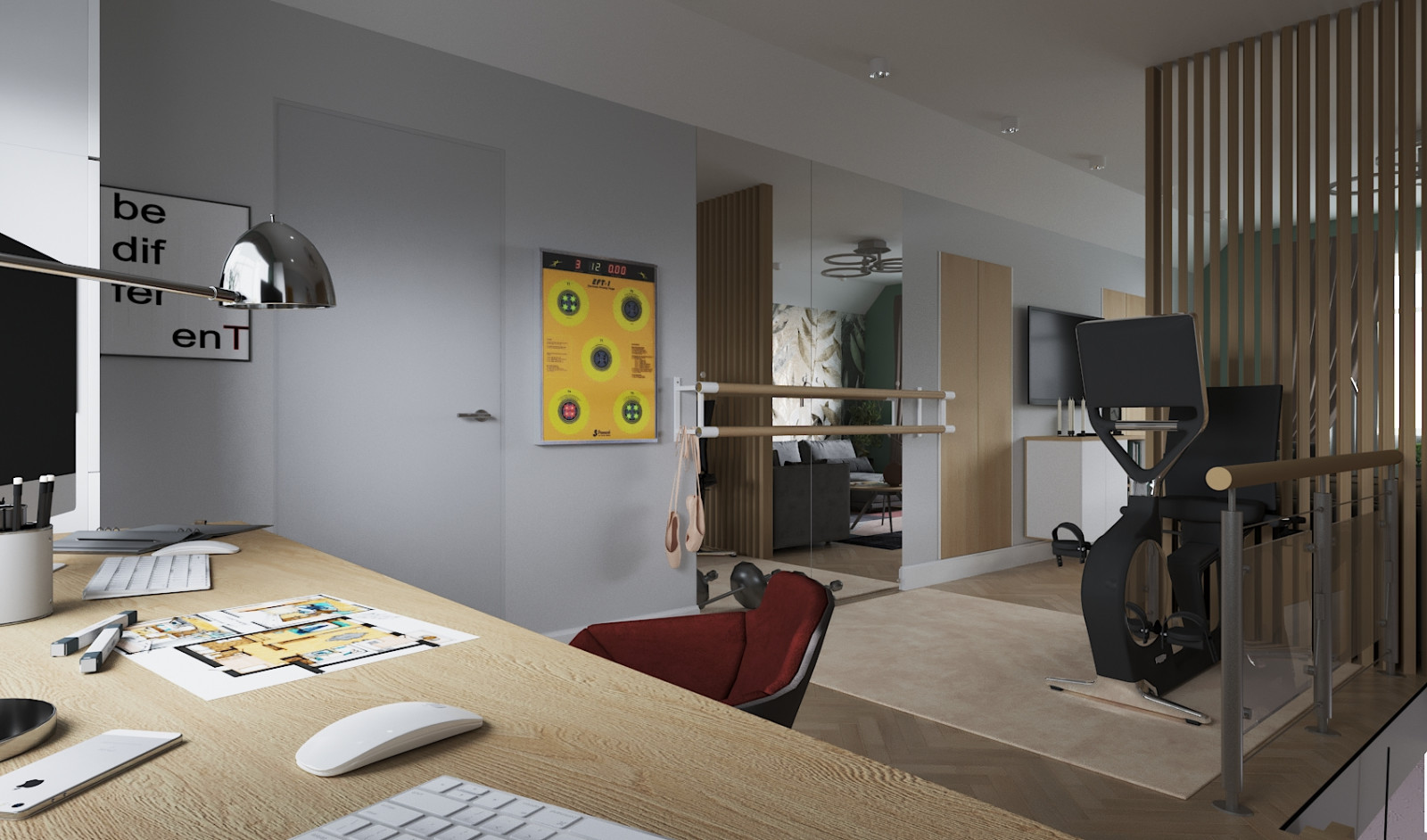 Кабинет, спортуголок и гостевая зона на чердаке дома