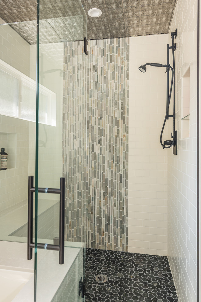 Design ideas for a large transitional master wet room bathroom in Other with shaker cabinets, blue cabinets, an undermount tub, a two-piece toilet, green tile, slate, white walls, porcelain floors, an undermount sink, engineered quartz benchtops, green floor and a hinged shower door.